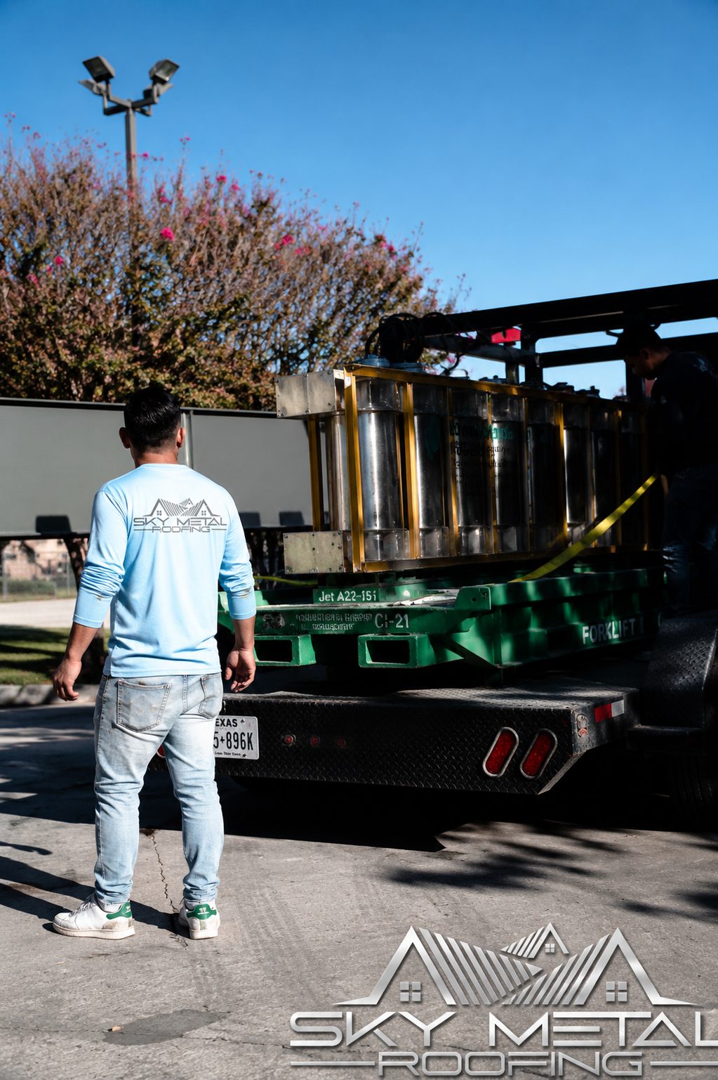 Sky Metal Roofing truck loaded with metal roofing materials